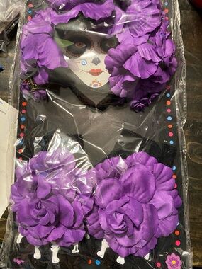 Purple Floral Day of the Dead Headpiece, open fingers gloves & earrings Set M212
